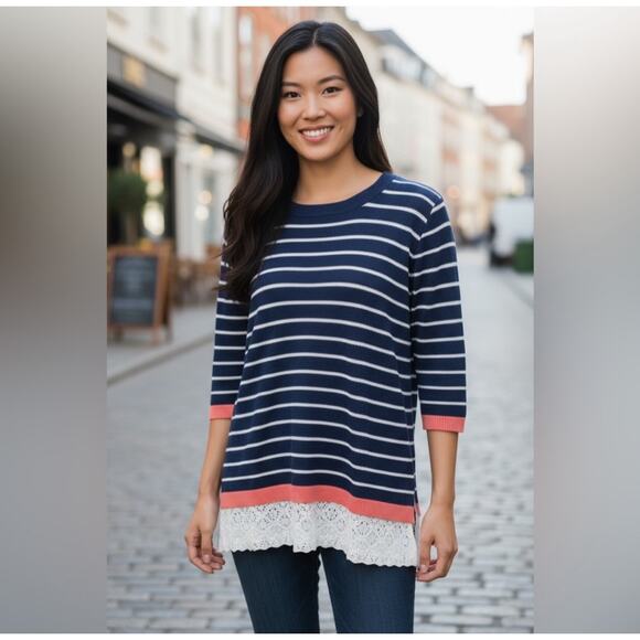 Christopher & Banks Thin Knit 3/4 Sleeve Blue White Stripe Sweater Size Large - Picture 1 of 7